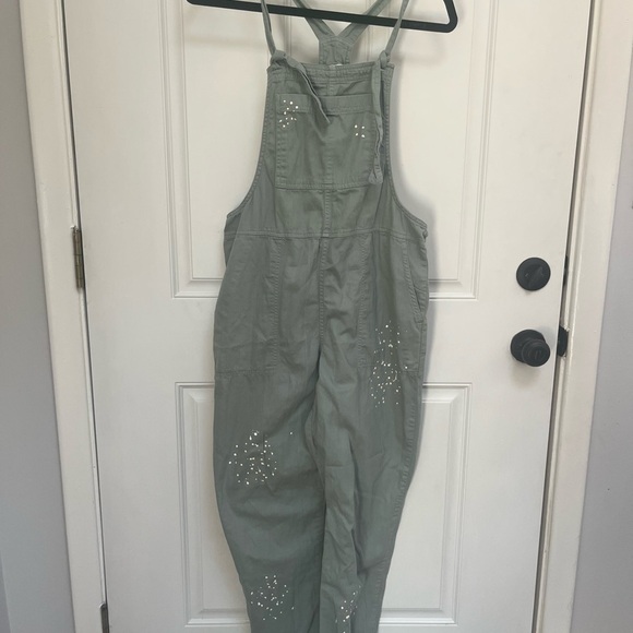 Aerie werk and play twill jumpsuit overalls w/ paint splatter in green small - Picture 2 of 6